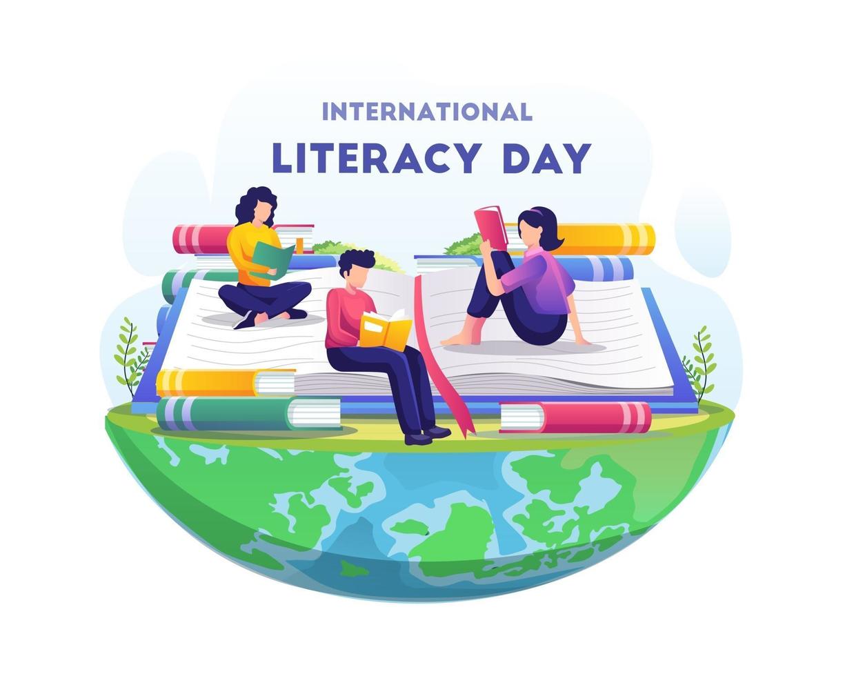 giornata mondiale dell'alfabetizzazione le persone stanno leggendo l'illustrazione dei libri vettore