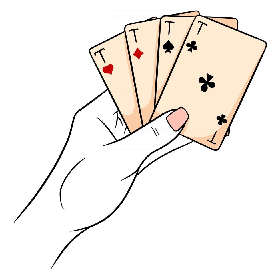 gioco d'azzardo. carte da gioco in mano. casinò, fortuna, fortuna. quattro assi. vettore