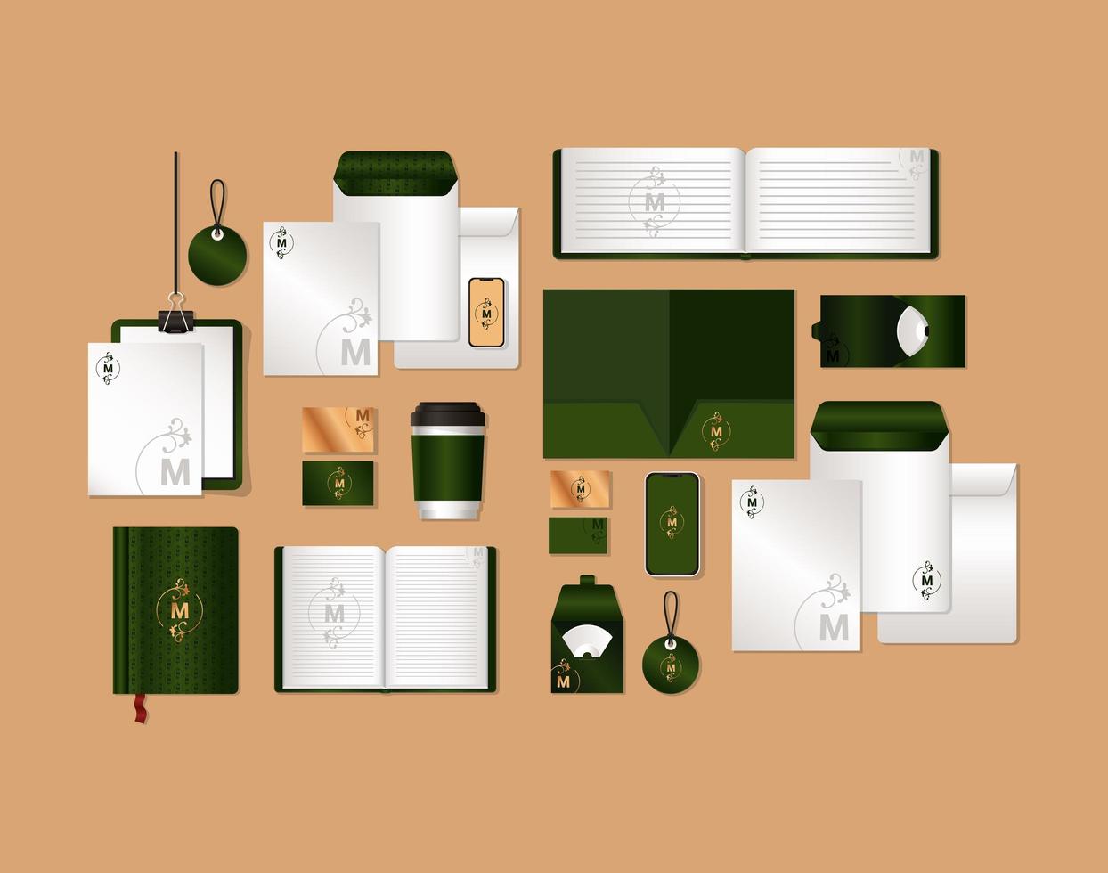 mockup set con disegno vettoriale di marchio verde