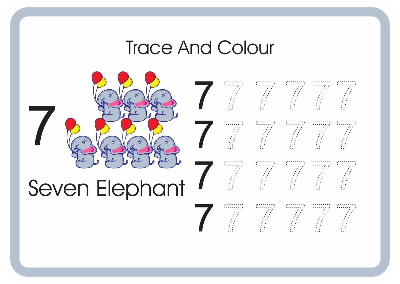 conta traccia e colora elefante numero 7 vettore
