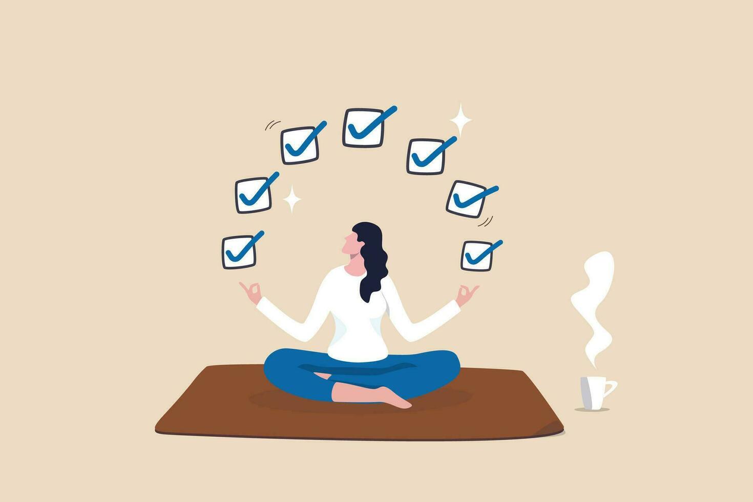 opera messa a fuoco, concentrazione per completare compiti, efficienza o produttività successo, multitasking, organizzare o pianificazione per finire opera concetto, donna d'affari meditare messa a fuoco su opera completato casella di controllo. vettore