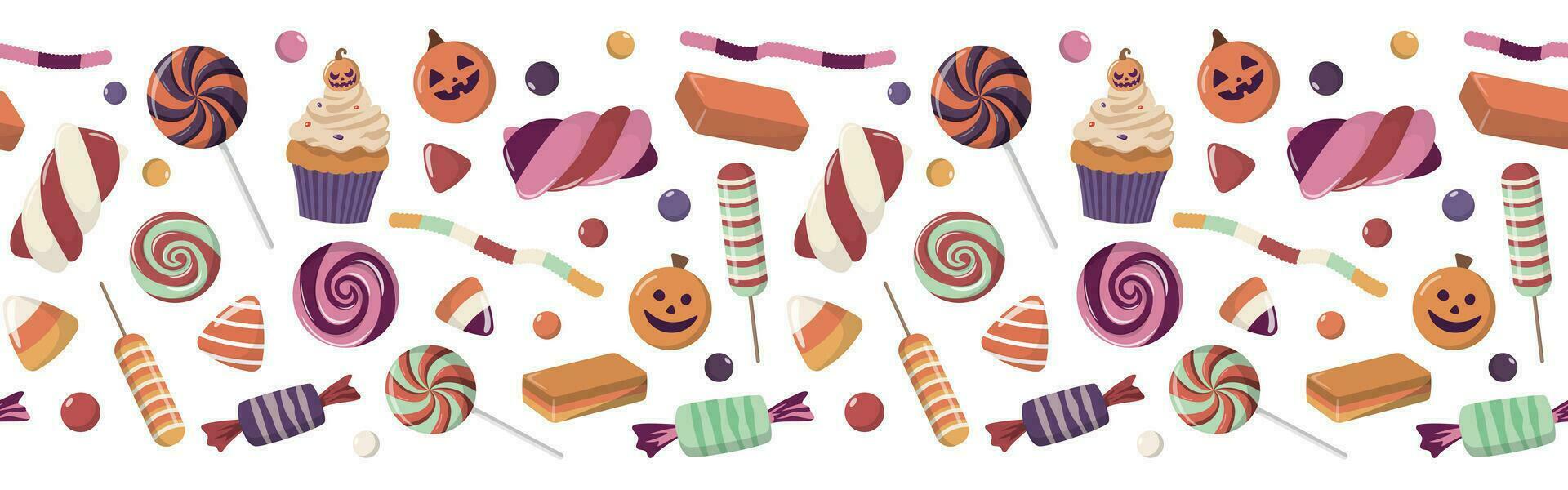 Halloween caramelle e dolci senza soluzione di continuità confine. vettore sfondo con Halloween caramelle. cartone animato vacanza dolci. isolato su bianca sfondo. mano disegnato delizioso dolci.