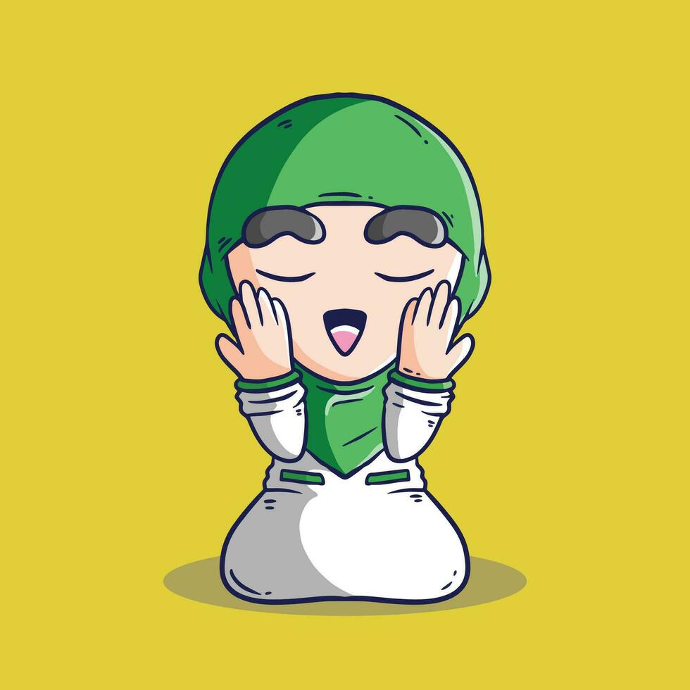 adorabile musulmano ragazza indossare verde hijab seduta e pregare cartone animato vettore icona illustrazione. persone religione icona concetto isolato premio vettore. islamico cartone animato illustrazione
