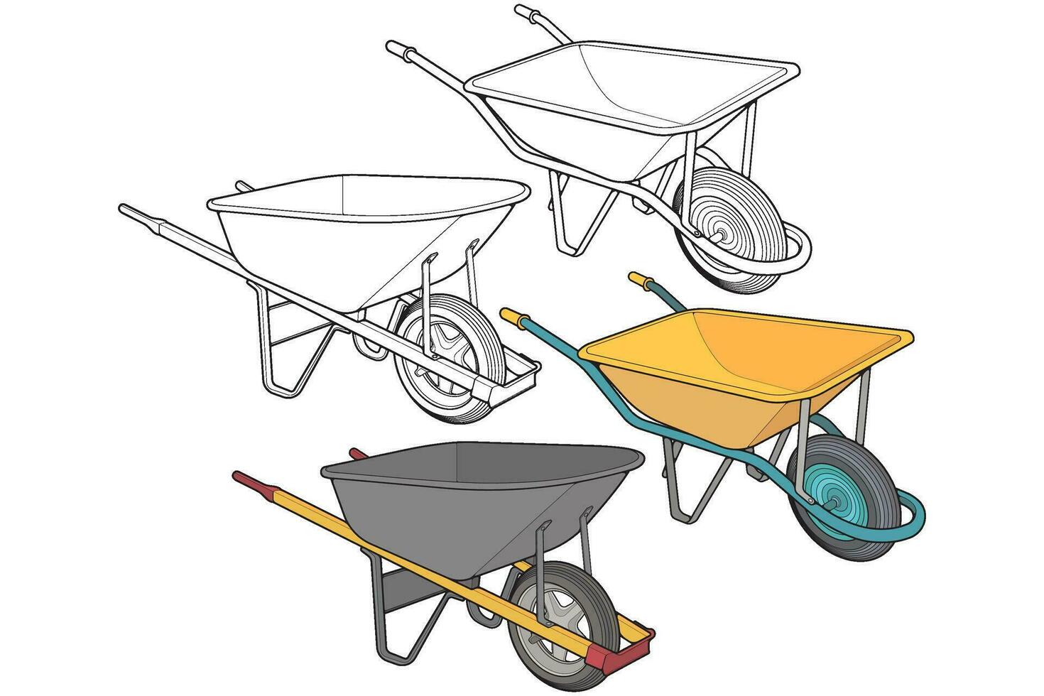 impostato di singolo ruota carriola vettore pieno di colori .carrello pieno di colori vettore illustrazione isolato su nero sfondo. ruota carriola schema illustrazione.