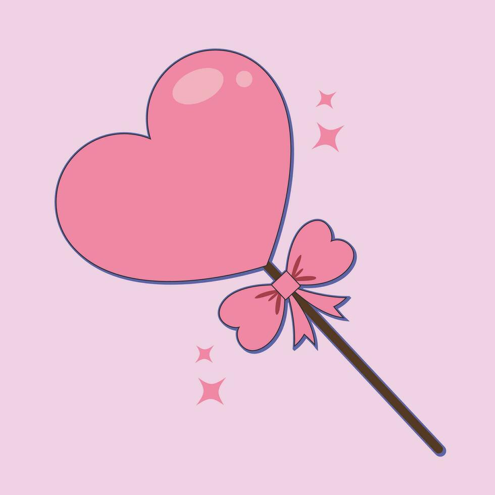 cuore Lecca-lecca. San Valentino cuore Lecca-lecca cartone animato stile. rosa caramella con cuore forma su un' bastone. contento san valentino giorno lecca-lecca nel cartoni animati piatto stile. vettore