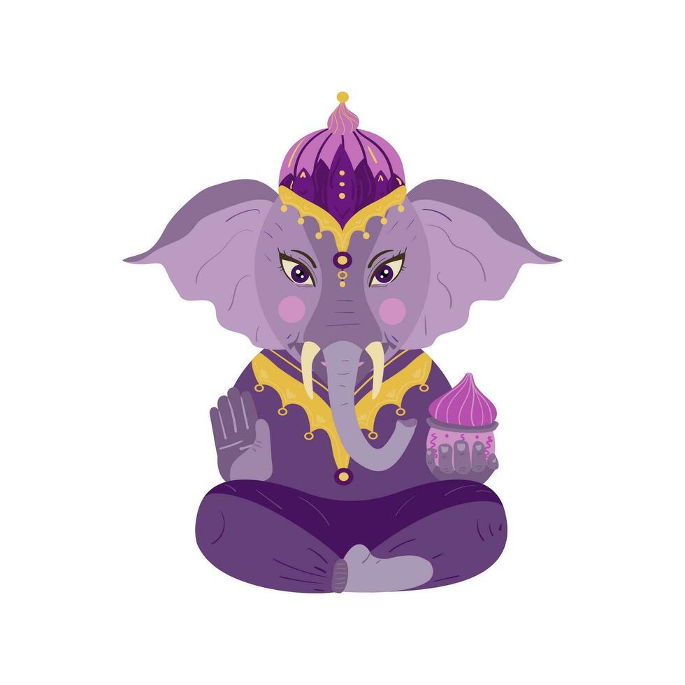 piatto illustrazione di indù divinità ganesha. festivo Diwali clipart - cartone animato personaggio Ganesha seduta nel loto posizione. isolato su bianca sfondo vettore