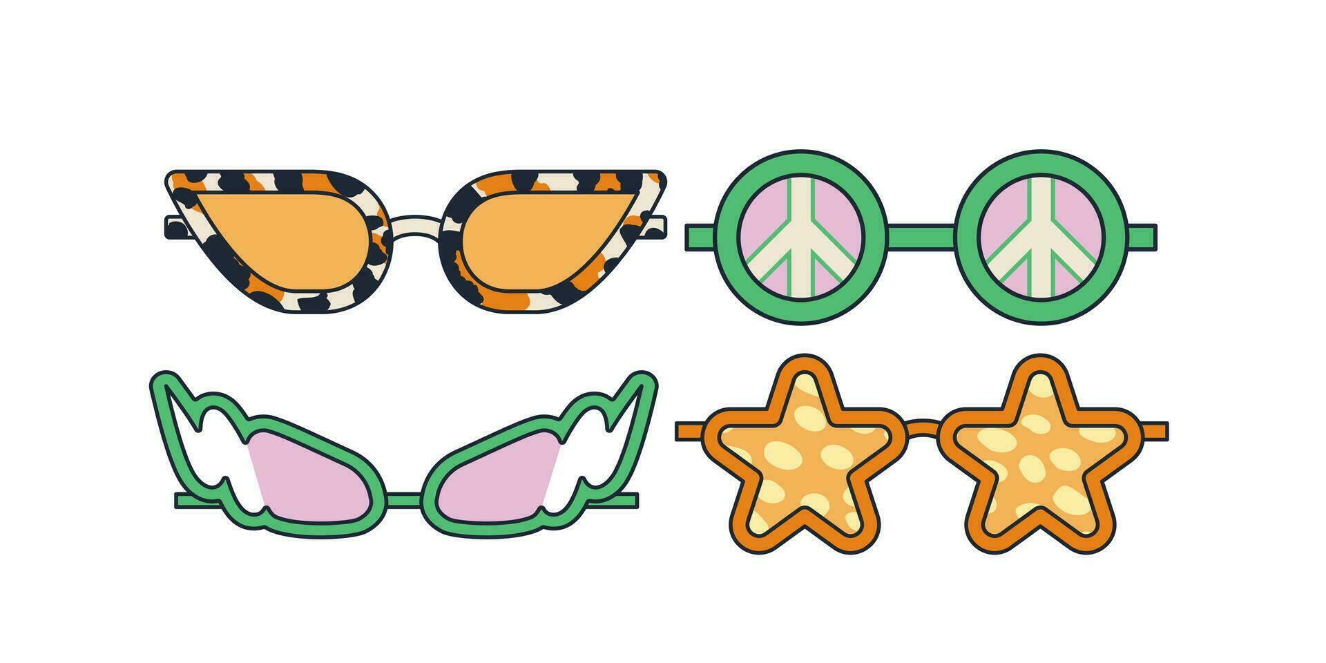 impostato Groovy occhiali da sole nel retrò hippie stile. vettore occhiali nel anni '70. vettore piatto illustrazione.