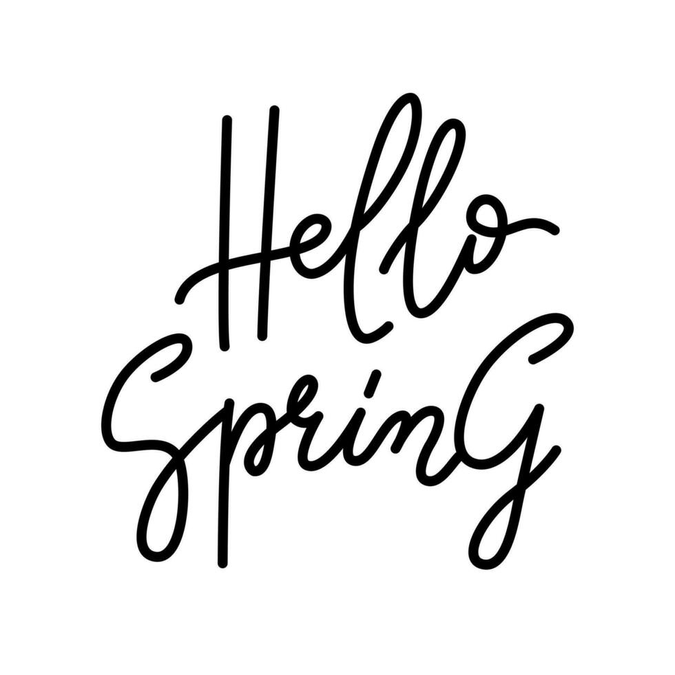 Ciao primavera. mano disegnato copione lettering design nero su bianca sfondo, Maggio uso per vacanza saluto carta, invito di di stagione primavera vacanza, striscione, manifesto, modello. vettore