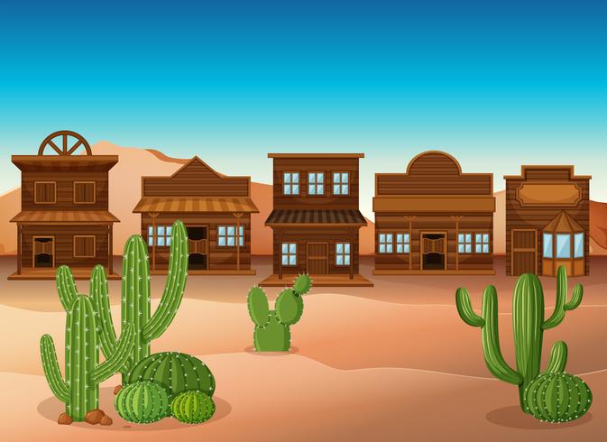 Scena con negozi e cactus nel deserto vettore