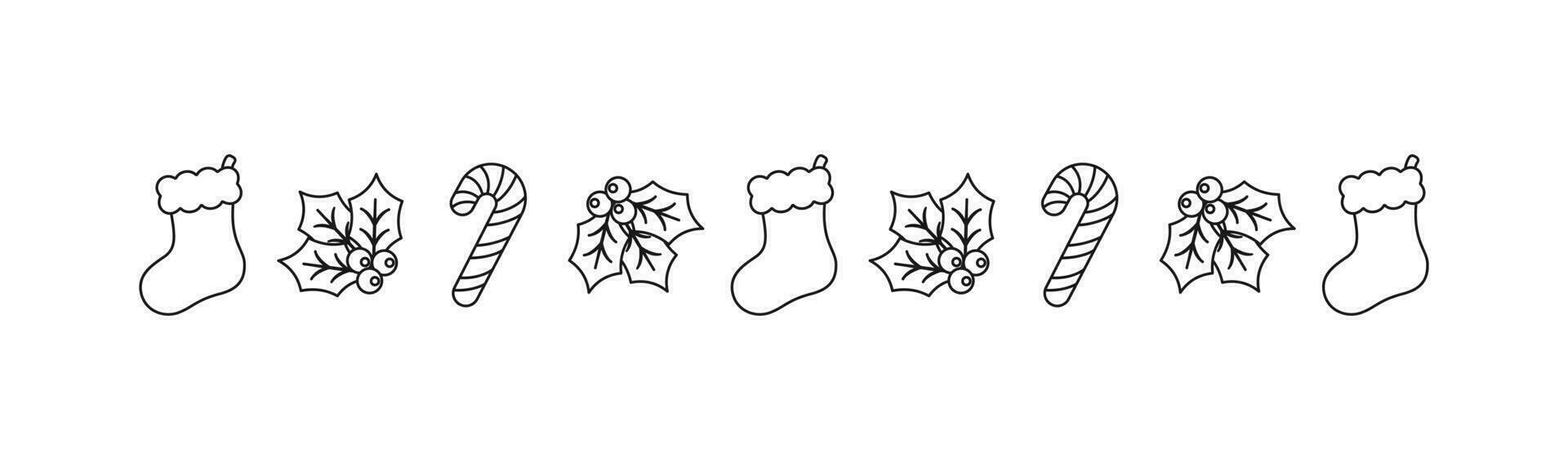 Natale a tema decorativo confine e testo divisore, Natale calza, caramella canna e vischio modello scarabocchio. vettore illustrazione.