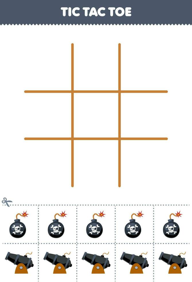 formazione scolastica gioco per bambini tic tac dito del piede impostato con carino cartone animato bomba e cannone immagine stampabile pirata foglio di lavoro vettore