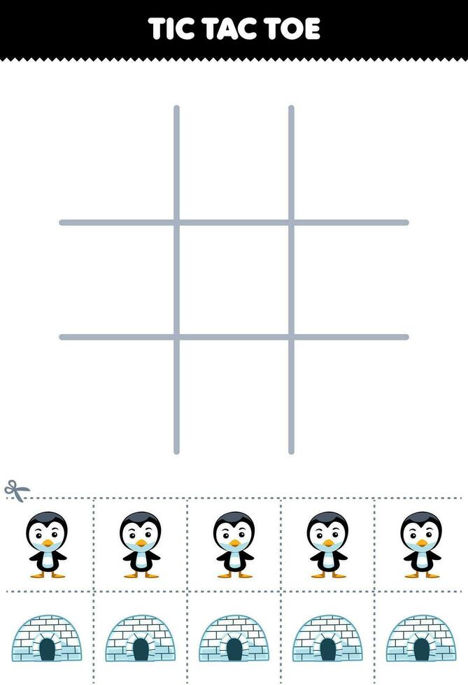 formazione scolastica gioco per bambini tic tac dito del piede impostato con carino cartone animato pinguino e iglù immagine stampabile inverno foglio di lavoro vettore