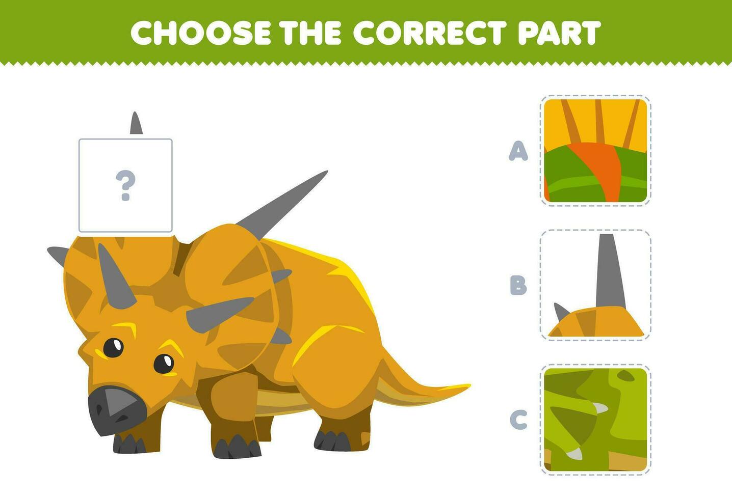 formazione scolastica gioco per bambini scegliere il corretta parte per completare un' carino cartone animato xenoceratops immagine stampabile preistorico dinosauro foglio di lavoro vettore