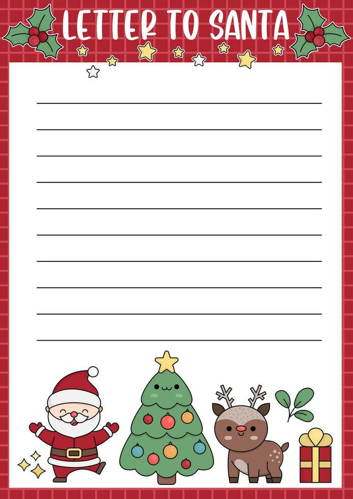 vettore lettera per Santa Claus modello. carino kawaii Natale carta design. inverno vacanza telaio disposizione per bambini con divertente personaggi. festivo nuovo anno sfondo con posto per testo.