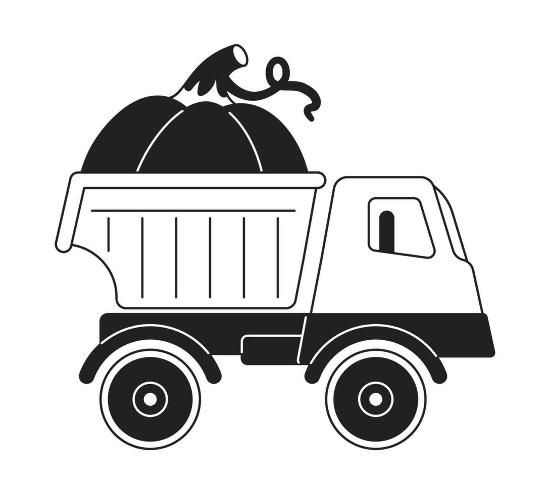 camion zucca raccogliere nero e bianca 2d cartone animato oggetto. verdura terreni agricoli veicolo isolato vettore schema elemento. ringraziamento autunno stagione. maturo zucca consegna monocromatico piatto individuare illustrazione