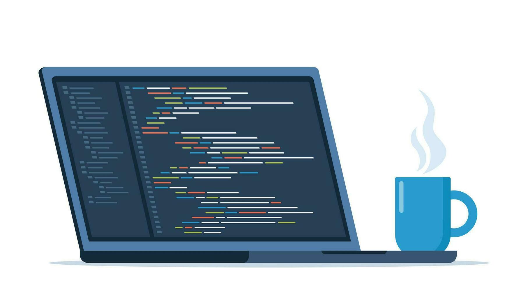 il computer portatile con tazza di caffè. posto di lavoro di programmatore, in linea programmatore. codifica e programmazione, sviluppando siti utilizzando speciale linguaggio. vettore illustrazione.