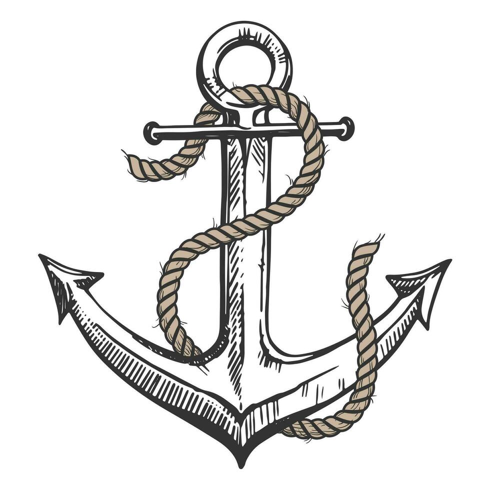mare ancora avvolto con corda. parte di il attrezzatura per il nave. vettore mano disegnato illustrazione. clipart per tatuaggio, emblema, logo, etichetta su un' bianca sfondo.