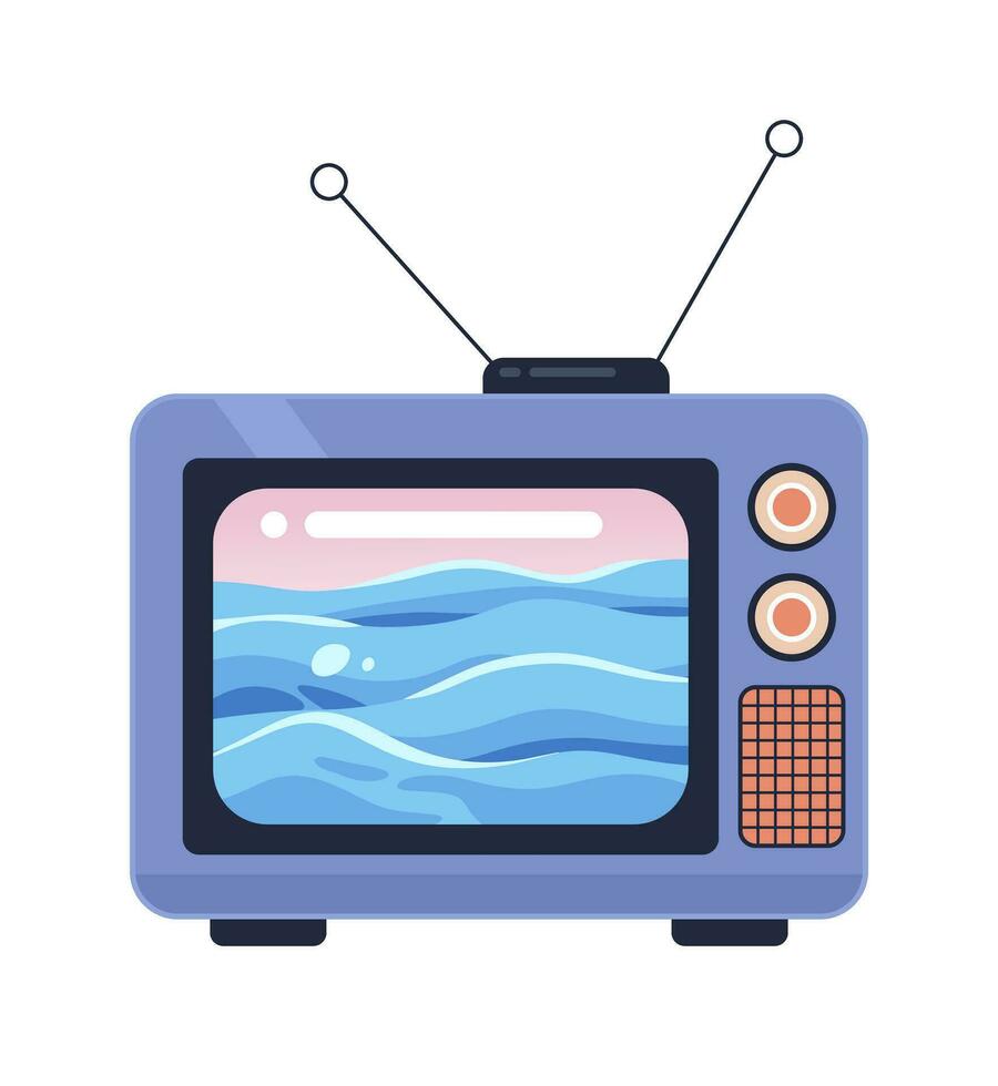 onde oceano su vecchio tv Vintage ▾ 2d cartone animato oggetto. vecchio stile retrò televisione programma isolato vettore articolo bianca sfondo. paesaggio marino acqua. Guardando nostalgia mostrare colore piatto individuare illustrazione