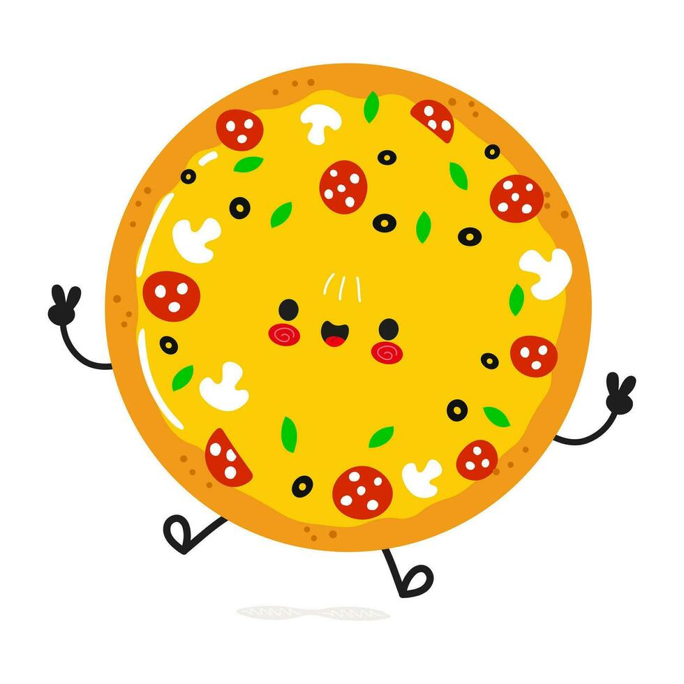 carino divertente Pizza salto carattere. vettore mano disegnato cartone animato kawaii personaggio illustrazione icona. isolato su bianca sfondo. Pizza personaggio concetto