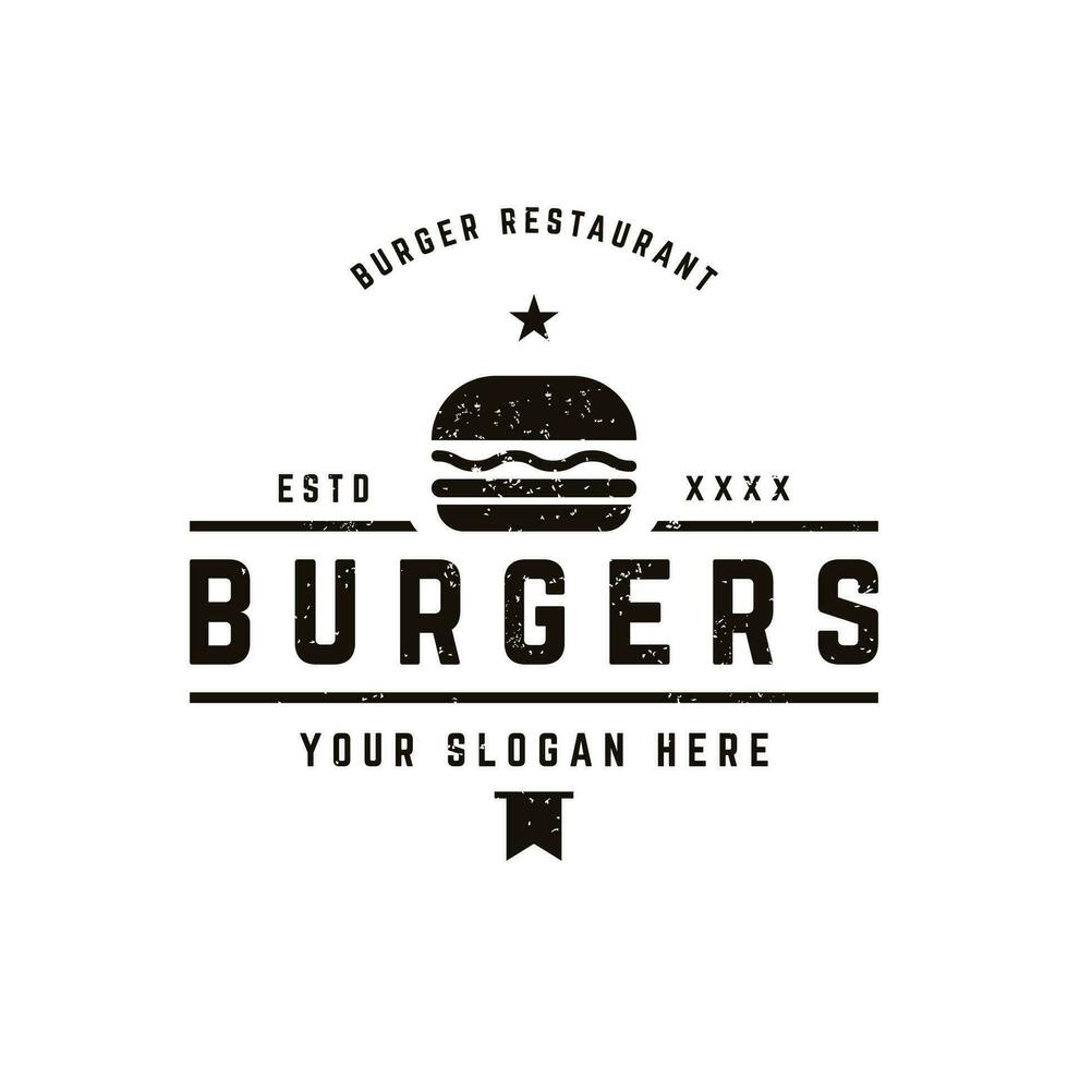 retrò Vintage ▾ caldo hamburger fresco e gustoso logo design. logo per ristorante, attività commerciale, etichetta, distintivo e emblema. vettore