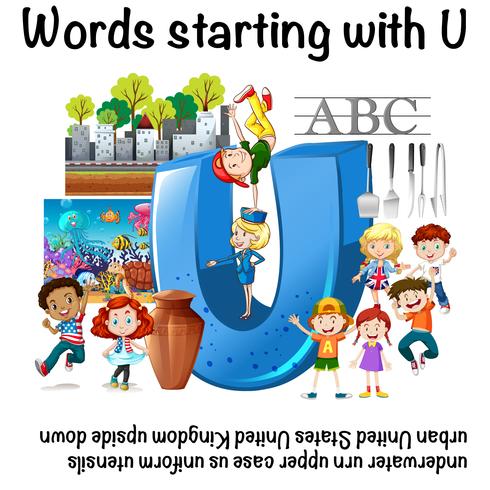 Foglio di lavoro inglese per parole che iniziano con U vettore