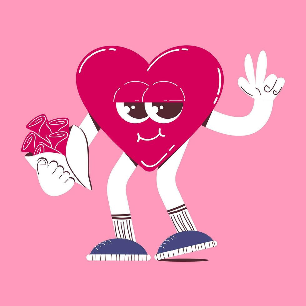 carino cuore personaggio con un' mazzo di fiori nel retrò cartone animato stile. di tendenza, colorato, San Valentino giorno cuore portafortuna vettore illustrazione.