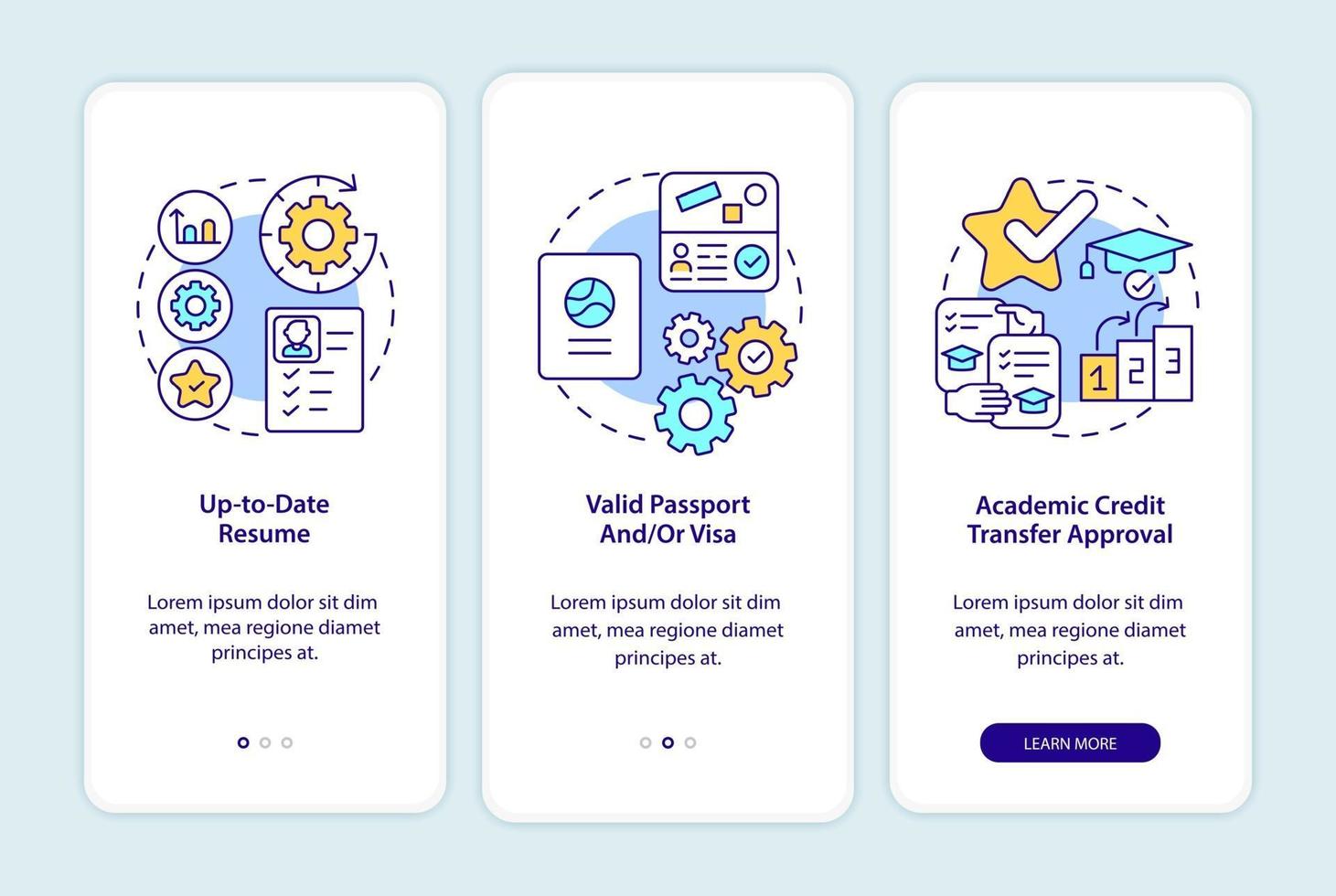 requisiti di tirocinio nella schermata della pagina dell'app mobile onboarding vettore