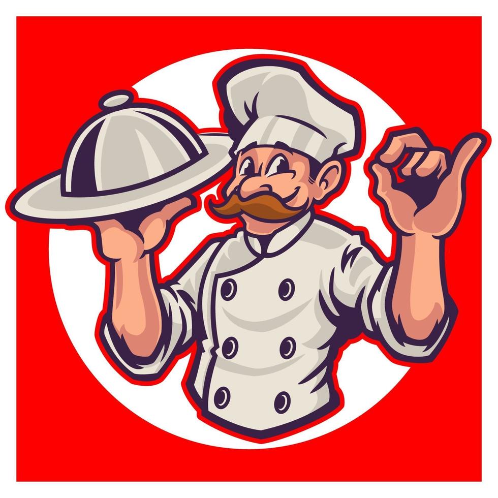 personaggio dei cartoni animati del logo della mascotte dello chef. un divertente cartone animato con in mano un piatto d'argento e un perfetto gesto di cucina deliziosa. tema felice chef professionista. illustrazione di marchio di vettore. vettore