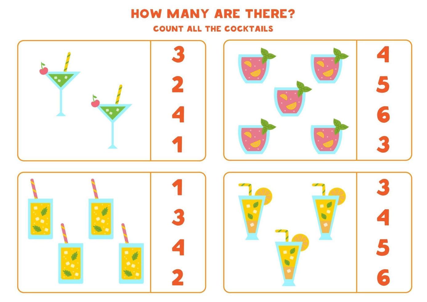 gioco di conteggio con cocktail di cartoni animati. foglio di lavoro di matematica. vettore