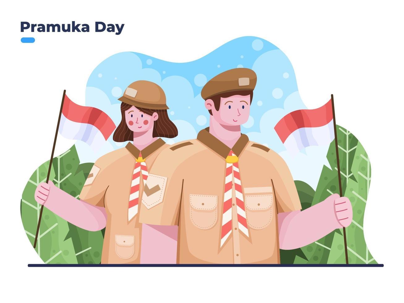 illustrazione di felice pramuka day o scout day al 14 agosto vettore