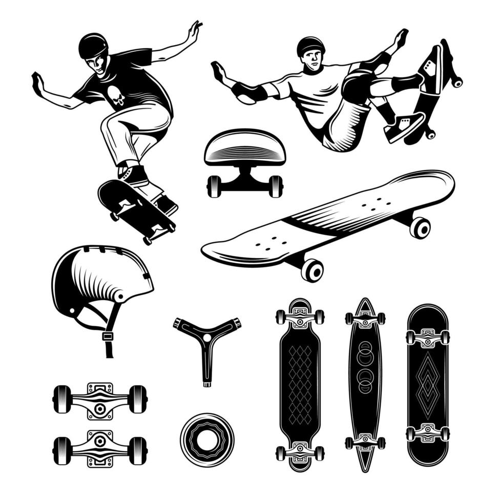 illustrazione vettoriale set di incisione skateboard