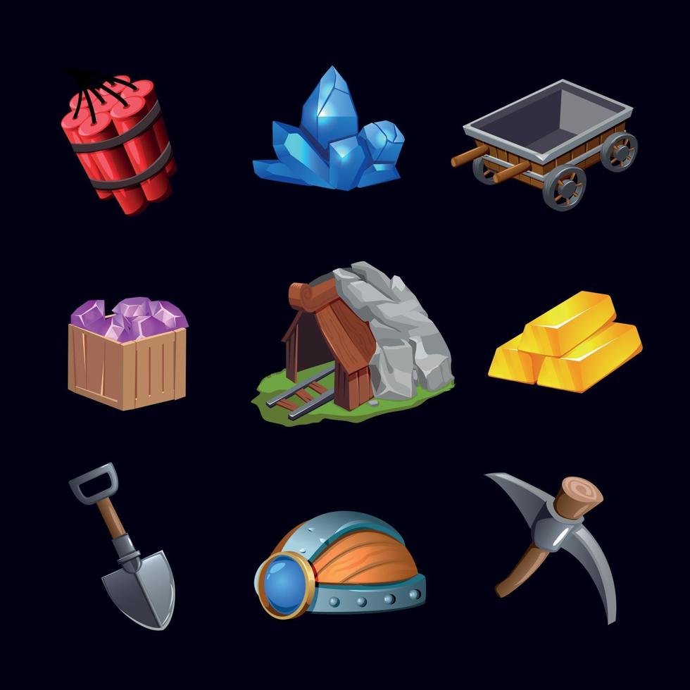 set di icone di progettazione del gioco minerario illustrazione vettoriale