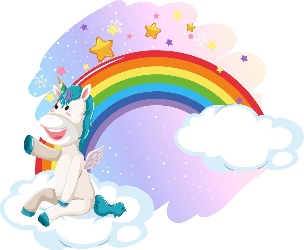 simpatico unicorno nel cielo pastello con arcobaleno vettore