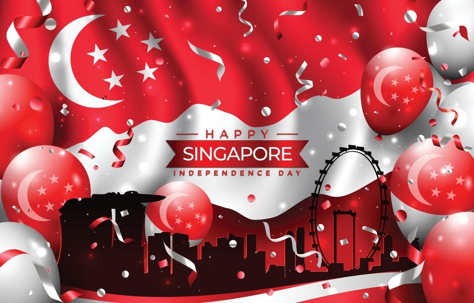 felice giorno dell'indipendenza di singapore con silhouette della città city vettore