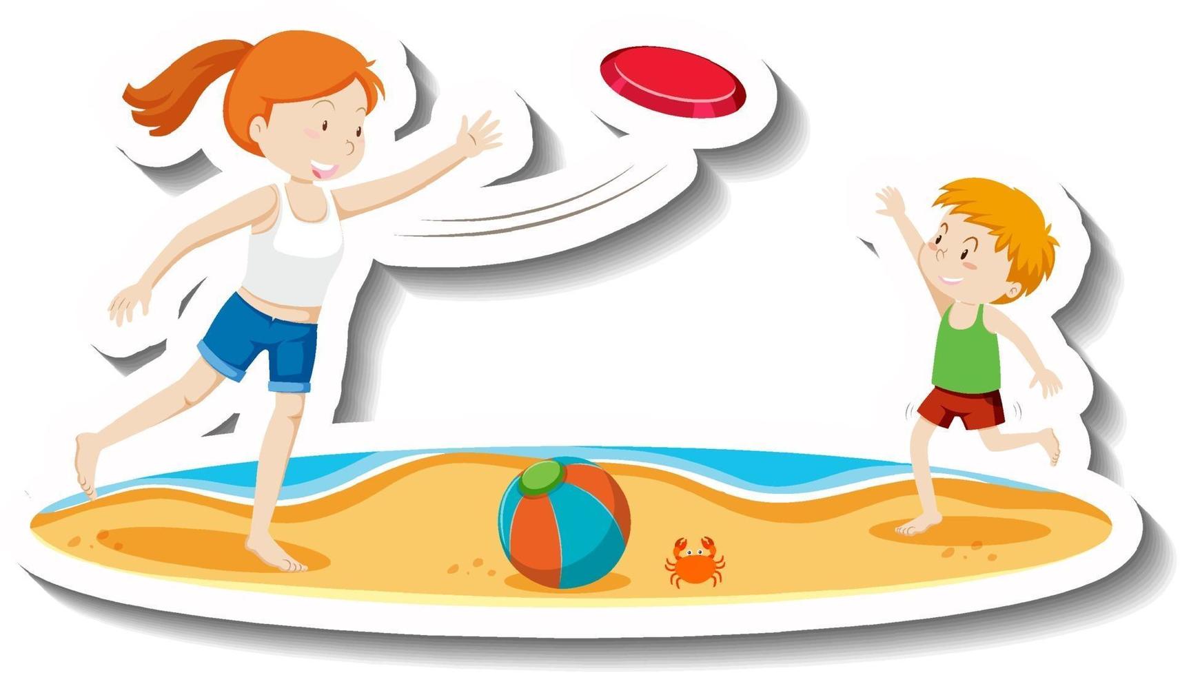 bambini che giocano a frisbee in spiaggia vettore