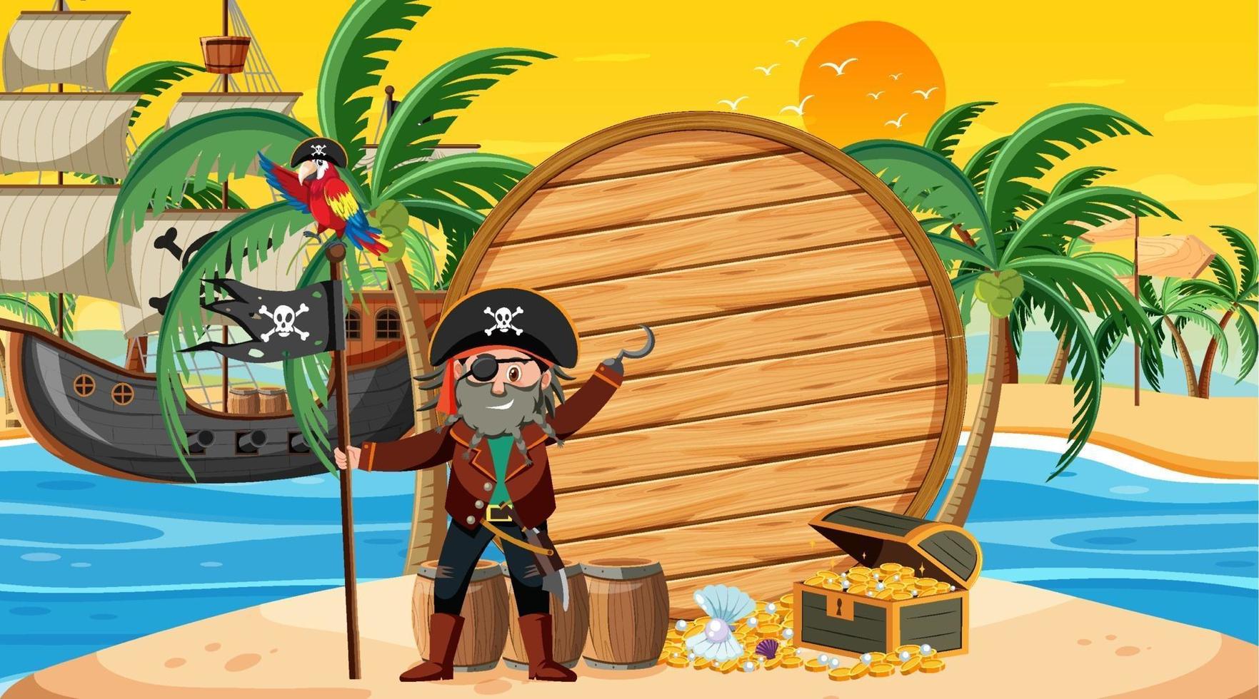 modello di banner vuoto con il capitano pirata sulla scena del tramonto sulla spiaggia vettore