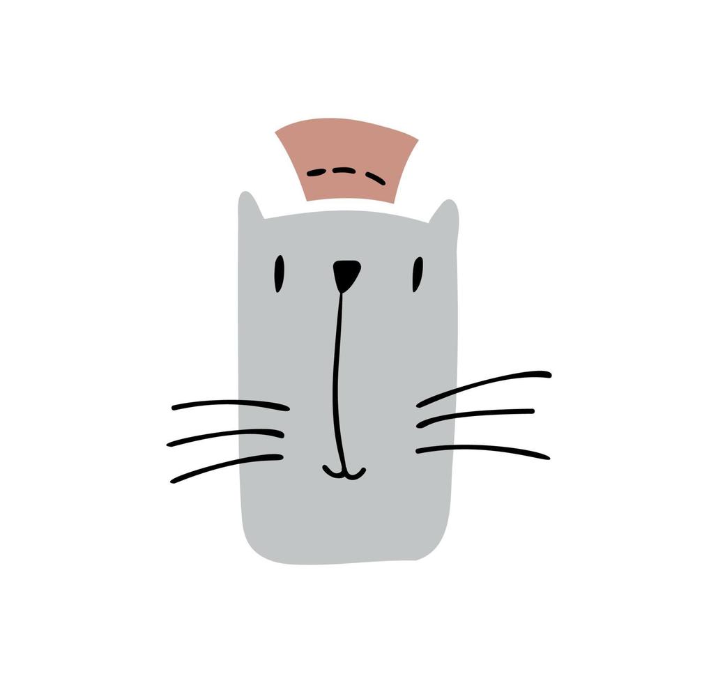 simpatica faccia di gatto disegnata a mano vettoriale con cappello
