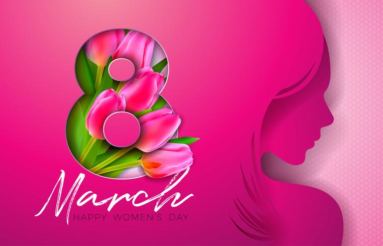 8 marzo. Womens Day Greeting Card Design con silhouette di giovane donna vettore
