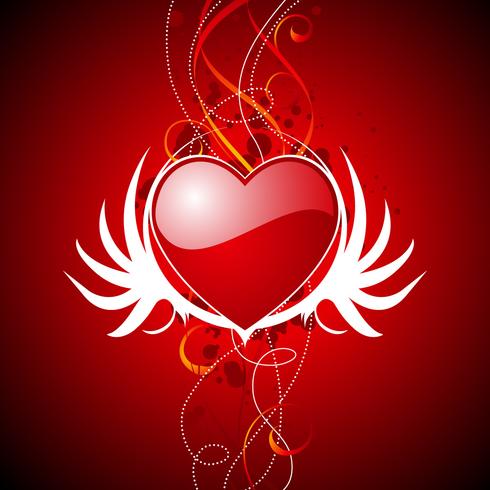 Illustrazione di San Valentino con cuori rossi lucidi e le ali. vettore