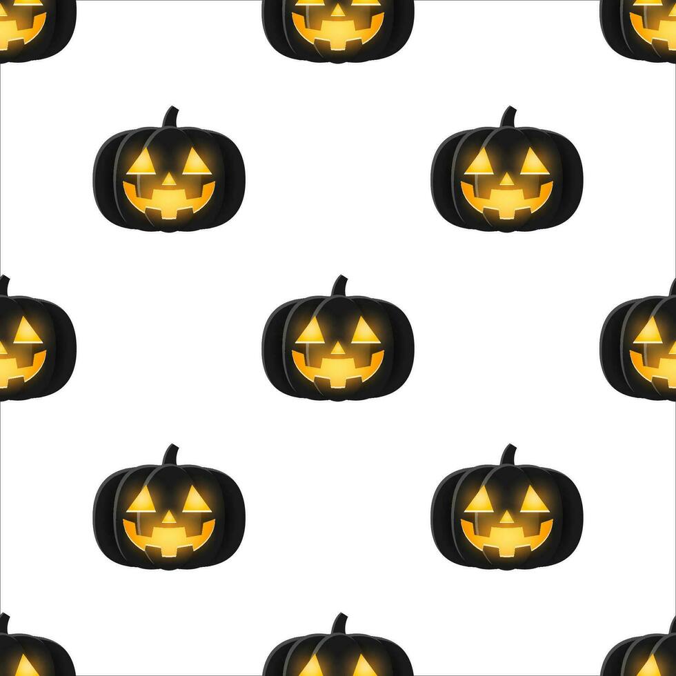 nero Halloween zucca con candela brillare leggero dentro, senza soluzione di continuità modello sfondo. vettore