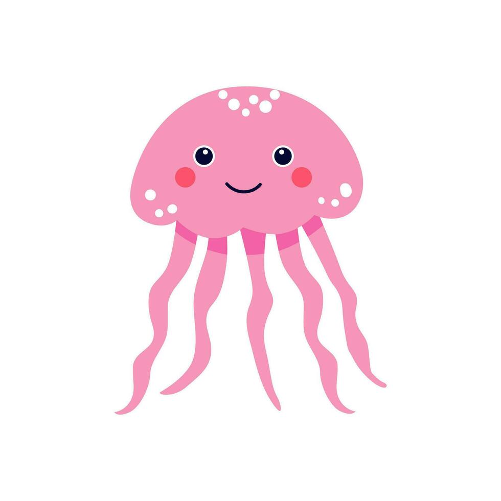 carino nuoto rosa Medusa. cartone animato vettore illustrazione disegnato nel piatto stile e isolato su bianca sfondo. bambino mare animale etichetta