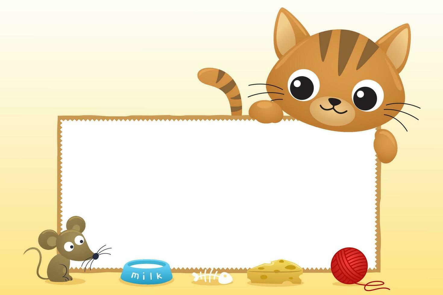 cartone animato carino gattino e topo con vuoto cartello. animale domestico elementi vettore illustrazione