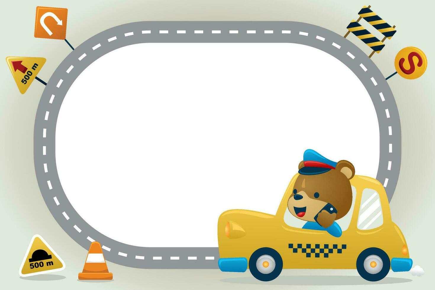 carino orso guida Taxi mentre rendere un' chiamata. mezzi di trasporto elementi con vuoto cartello. vettore cartone animato illustrazione