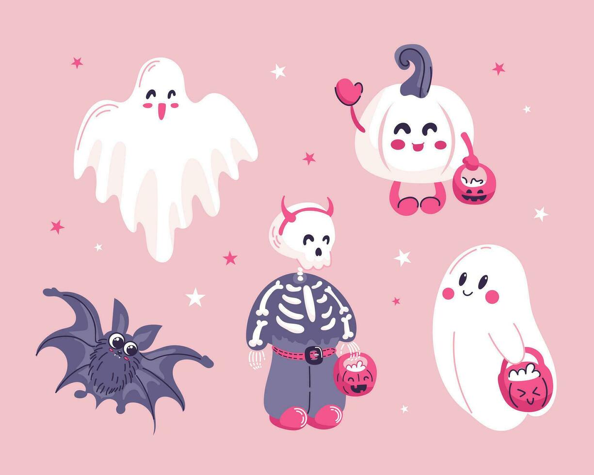 Halloween impostare. carino cartone animato personaggi nel rosa colori. bambino scheletro, zucca, fantasmi accattonaggio per dolci. per adesivi, manifesti, cartoline, design elementi vettore