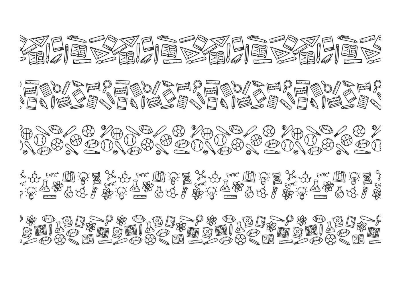 indietro per scuola scarabocchio confine decorazione senza soluzione di continuità modello di mano disegnato sfondo orizzontale confine con scuola forniture e creativo elemento oggetto formazione scolastica vettore