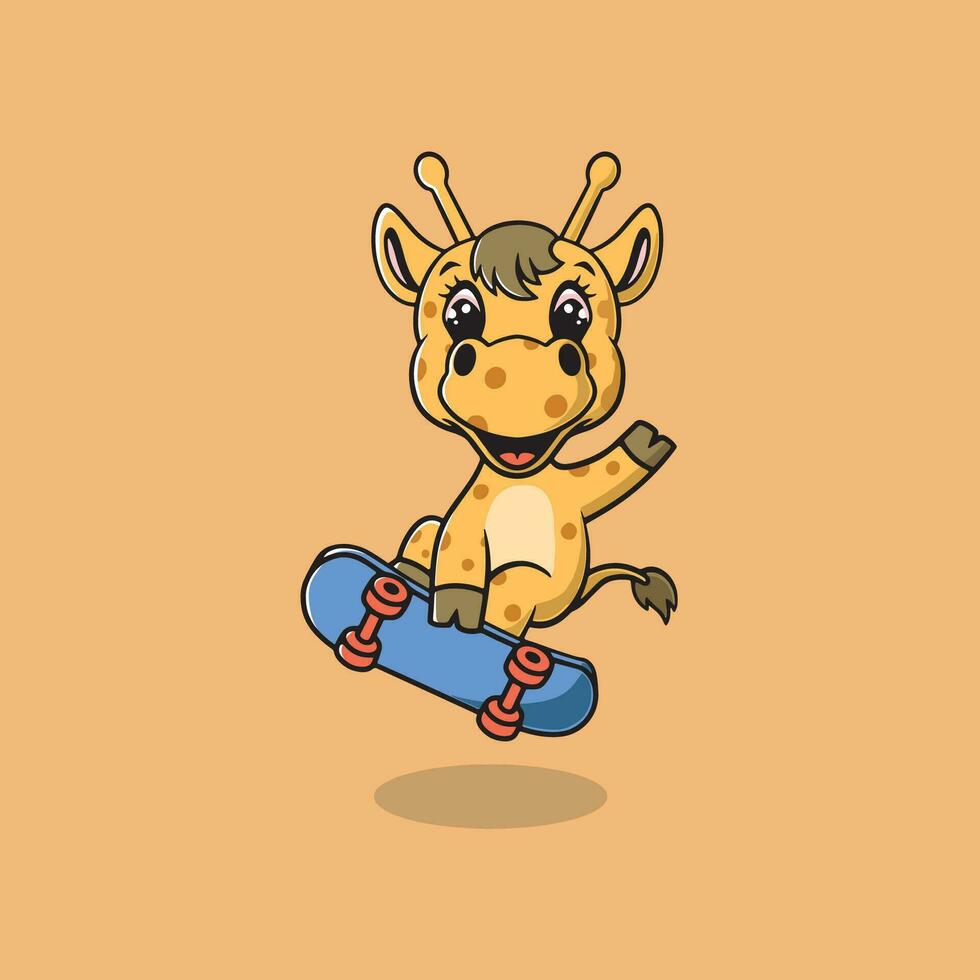 carino giraffa giocando skateboard cartone animato illustrazione vettore