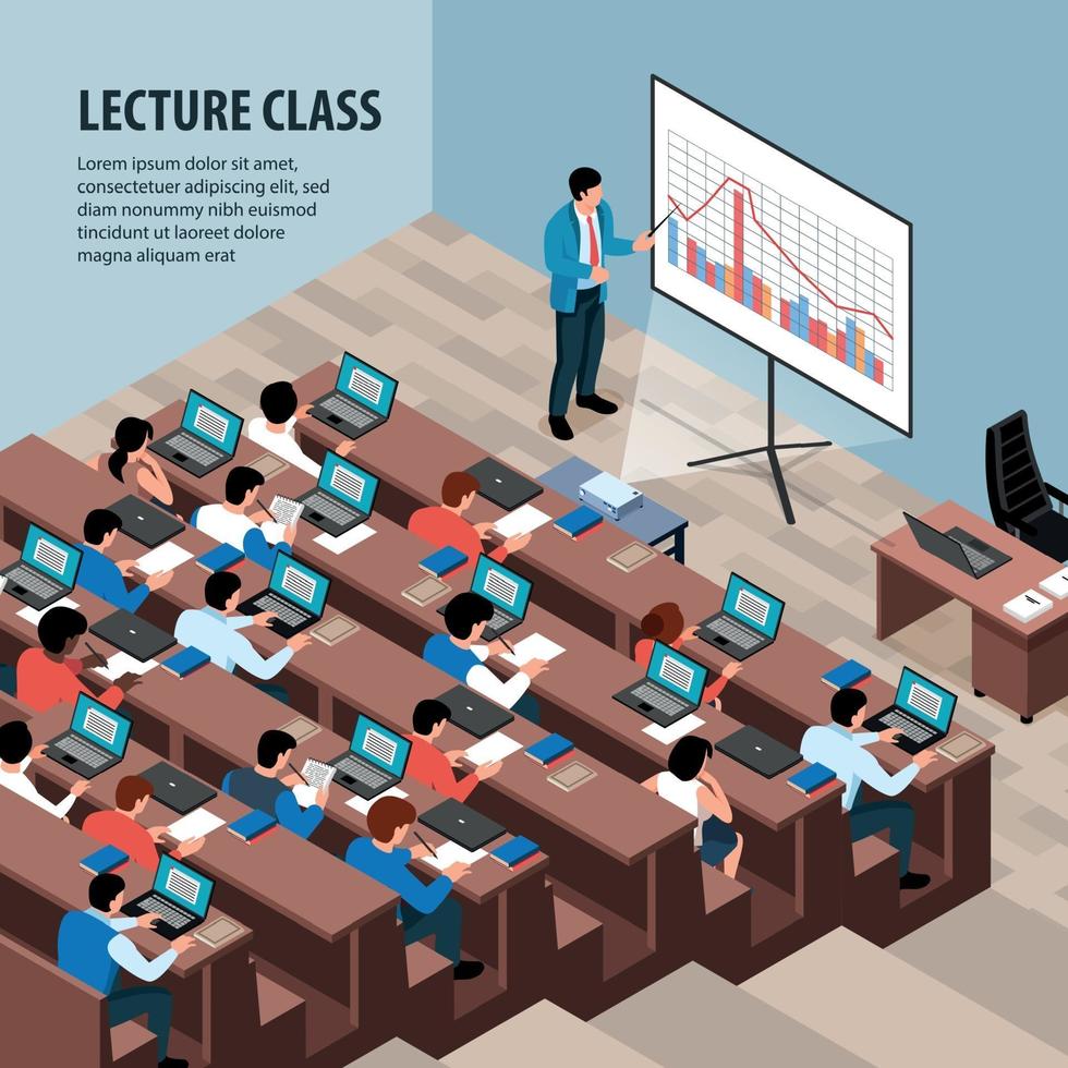 illustrazione vettoriale di sfondo isometrico di lezione di professori