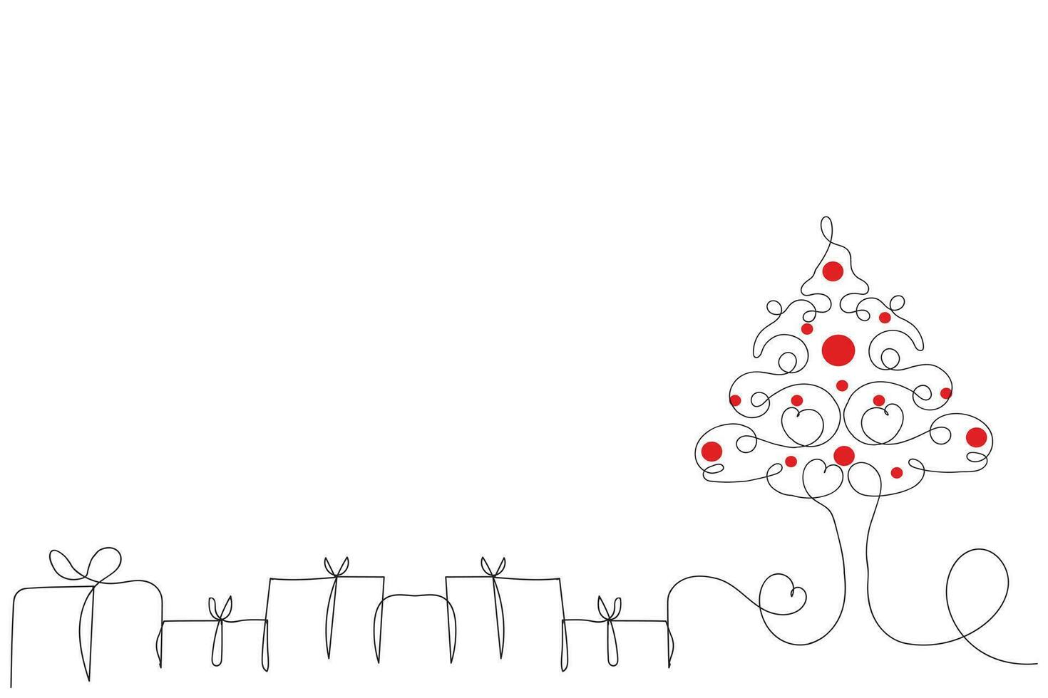 mano disegnato magro continuo linea Natale albero con cuori e regalo scatole simbolo vettore, uno linea pino abete albero allegro Natale amore cartello minimalista schema singolo linea arte vacanza carte elementi vettore