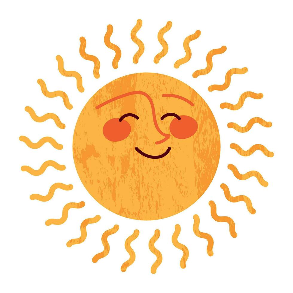 sole personaggio nel carino stile, viso con un' etichetta. luce del sole con un' Sorridi per bambini, doodled nel un' contento e divertimento modo. piatto vettore illustrazioni isolato nel sfondo.