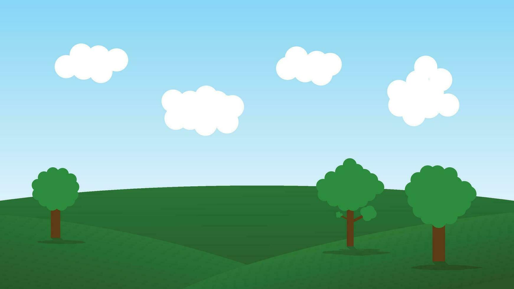 scena del fumetto del paesaggio con le colline verdi e la nuvola bianca nella priorità bassa del cielo blu di estate vettore